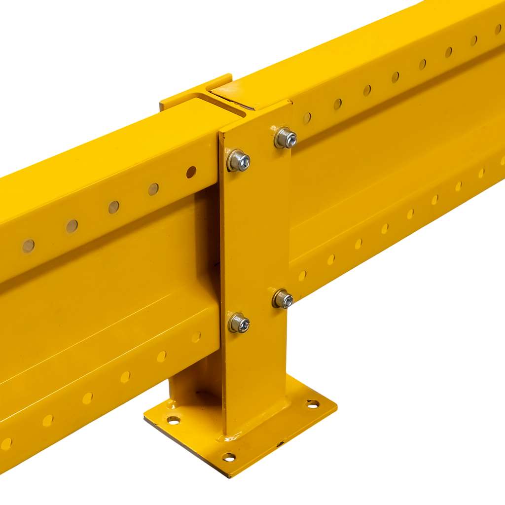 odbojnica czołowa regału, osłona regału paletowego, odbojnica stalowa, ochrona skrajnych ram regałowych, odbojnice magazynowe, zabezpieczenie regałów przed wózkami, stalowa belka ochronna, regał paletowy zabezpieczenie, odbojnik do magazynu