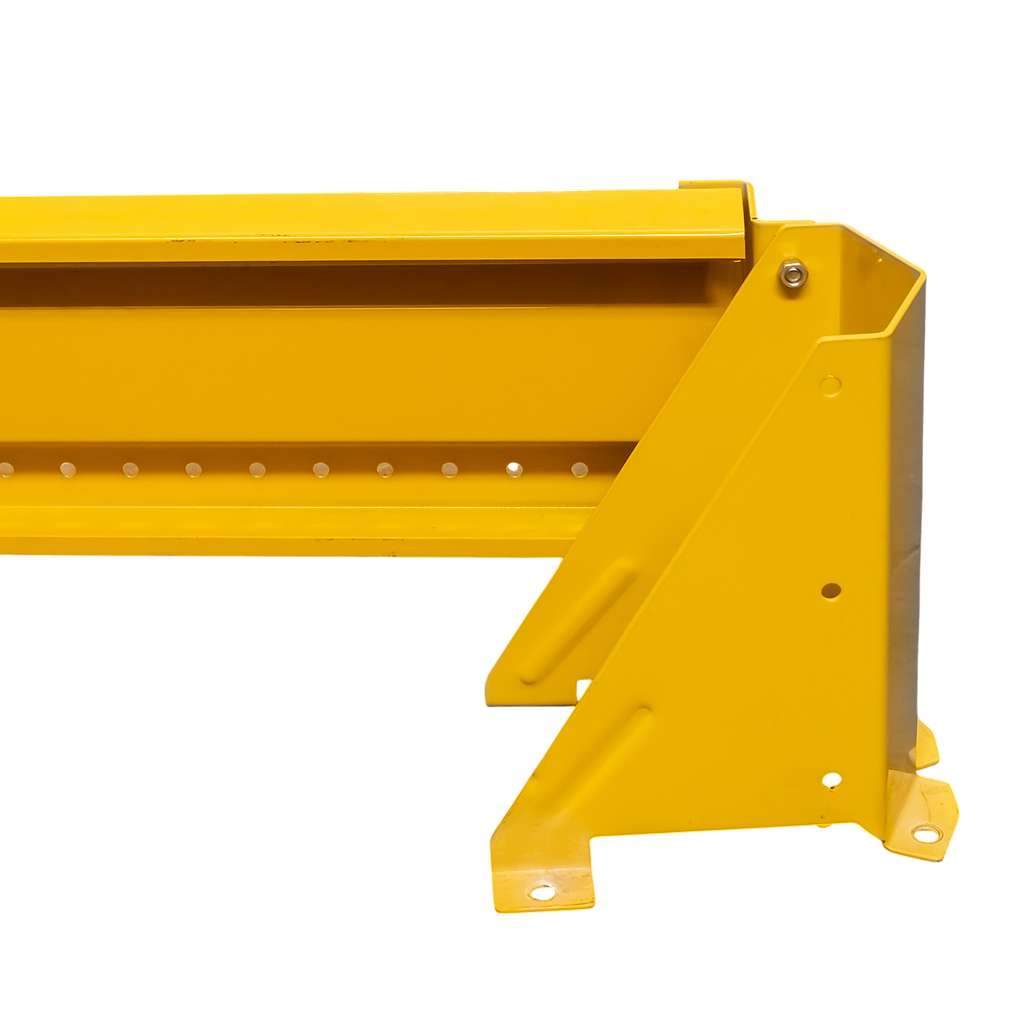 odbojnica czołowa regału, osłona regału paletowego, odbojnica stalowa, ochrona skrajnych ram regałowych, odbojnice magazynowe, zabezpieczenie regałów przed wózkami, stalowa belka ochronna, regał paletowy zabezpieczenie, odbojnik do magazynu