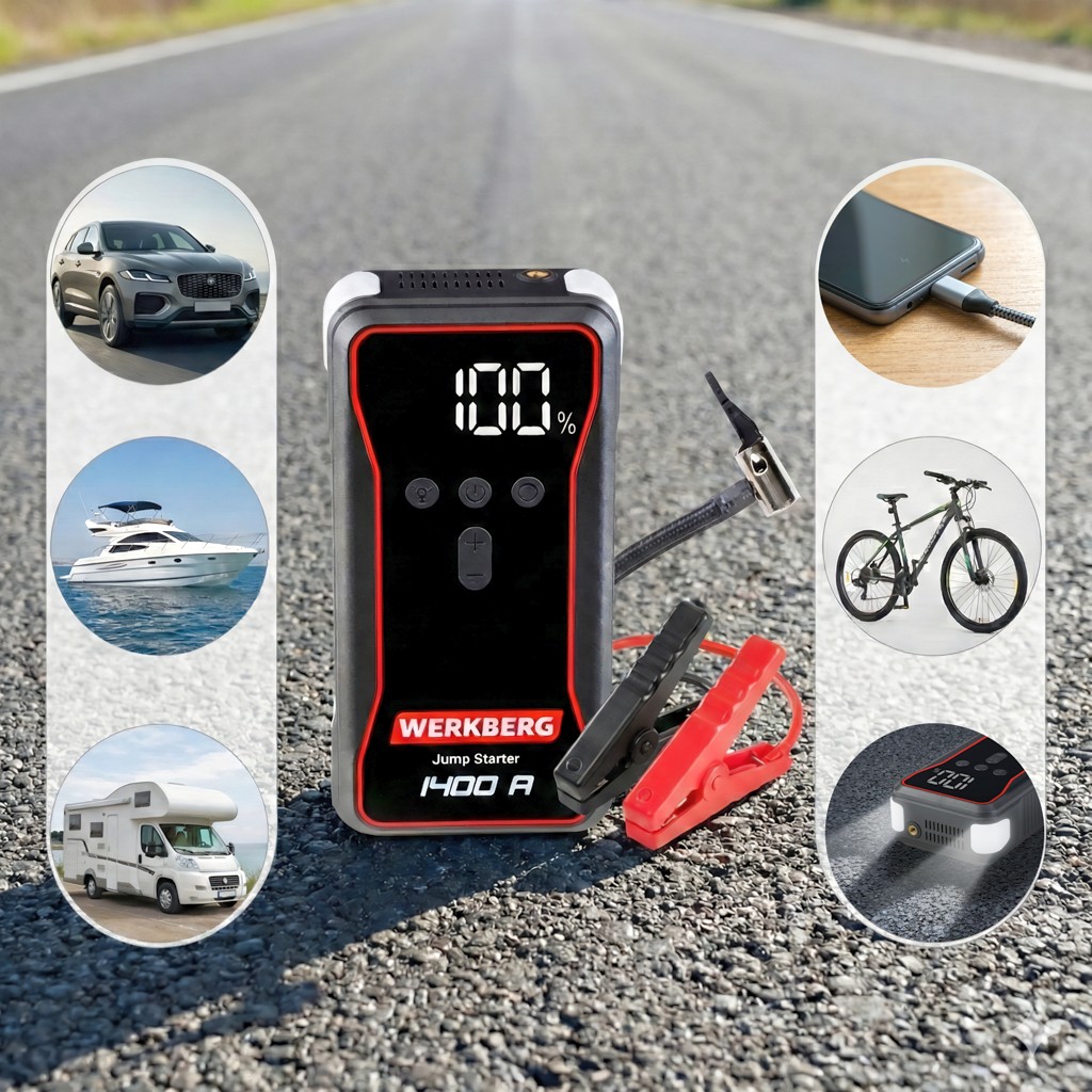 Urządzenie rozruchowe Powerbank Booster WERKBERG AL002 700A1400A 18000mAh kompresor lifestyle