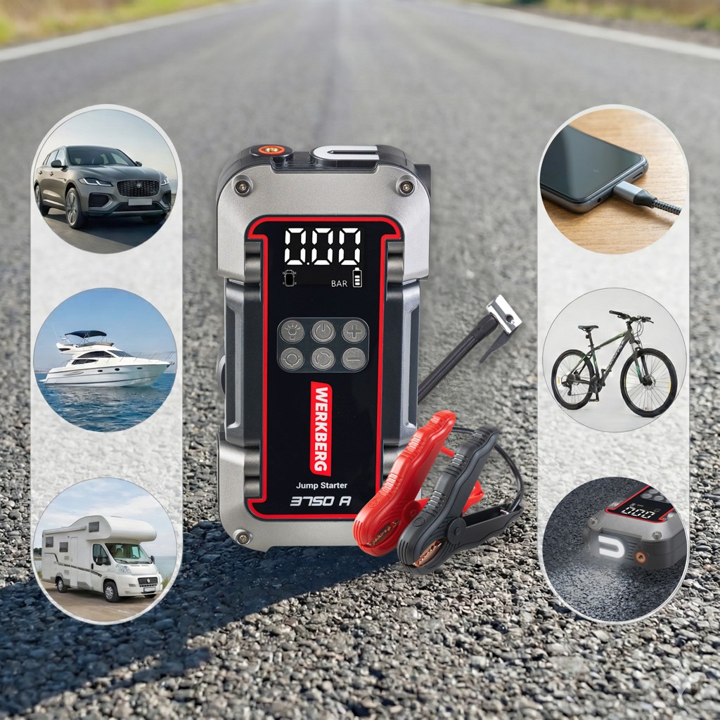 Urządzenie rozruchowe Powerbank Booster WERKBERG AL006 1800A3750A 26000mAh kompresor MTP007250 lifestyle