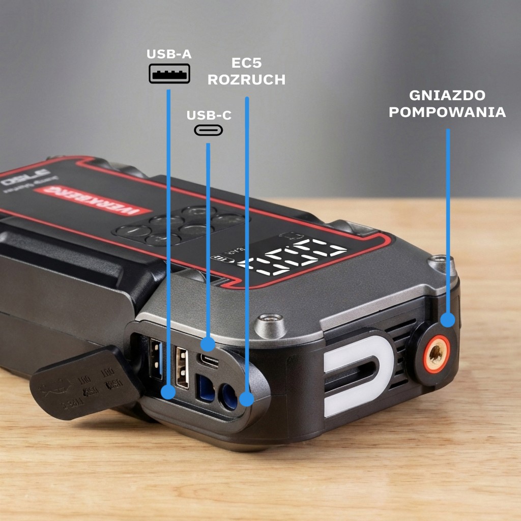 Urządzenie rozruchowe Powerbank Booster WERKBERG AL006 1800A3750A 26000mAh kompresor MTP007250 lifestyle