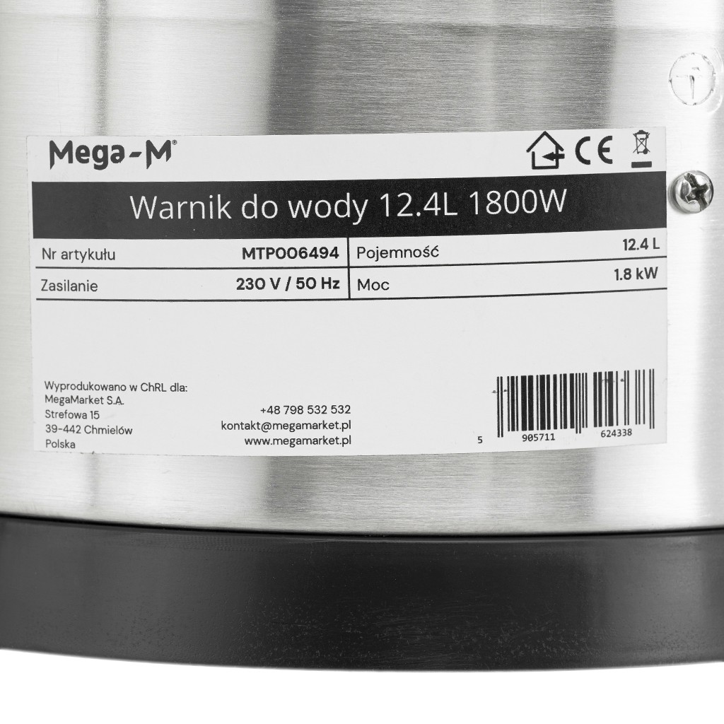 Warnik do wody ze stali nierdzewnej Mega-M 12.4L 1800W