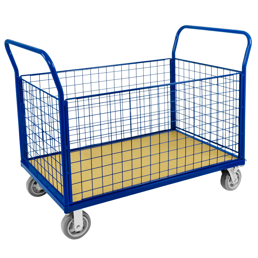 wózek platformowy, wózek magazynowy, wózek transportowy, wózek, wózek do magazynu, wózek na kartony i beczki, transport towarów, wózek z burtami, wózek platformowy z burtami