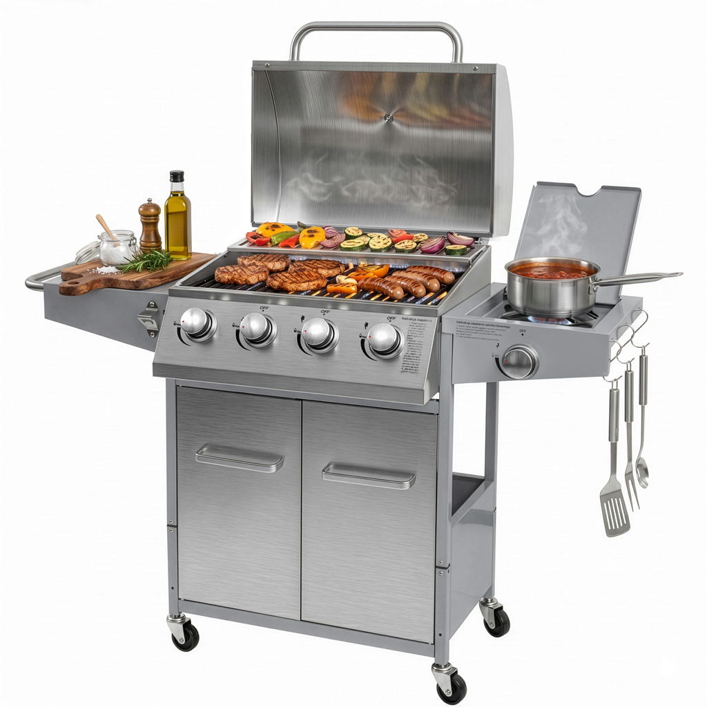 Grill gazowy ogrodowy, grill ogrodowy BERGMANN NL004 4+1 ze stolikiem bocznym