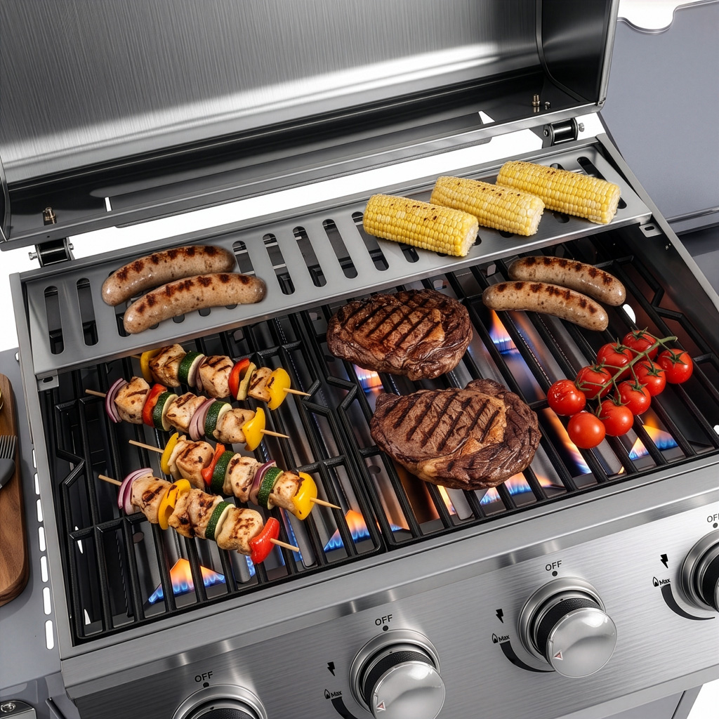 Grill gazowy ogrodowy, grill ogrodowy BERGMANN NL004 4+1 ze stolikiem bocznym