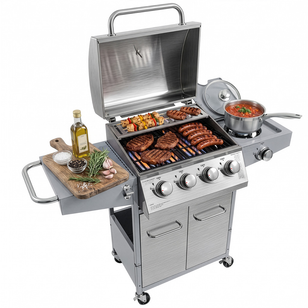 Grill gazowy ogrodowy, grill ogrodowy BERGMANN NL004 4+1 ze stolikiem bocznym