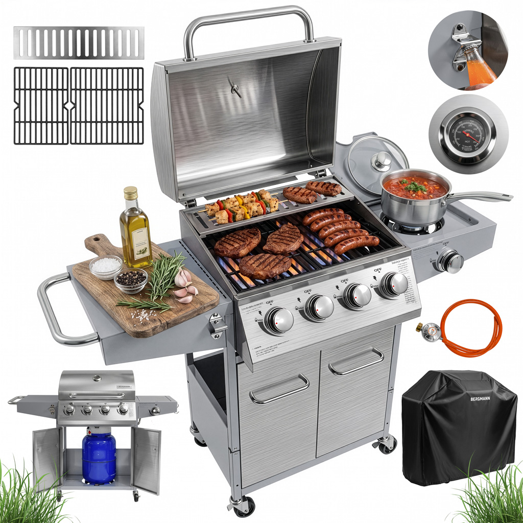 Grill gazowy ogrodowy, grill ogrodowy BERGMANN NL004 4+1 ze stolikiem bocznym
