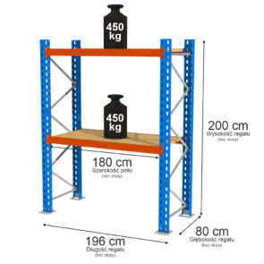 Zdjęcie produktu: Regał magazynowy 2-półkowy Mega-M XR H-200 cm L-196 cm G-80 cm 450 kg moduł bazowy