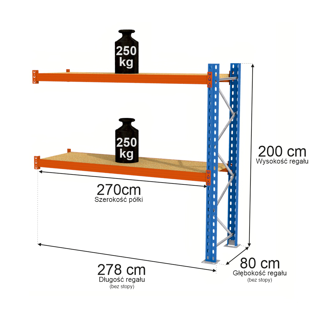 Regał magazynowy półkowy Mega-M XR moduł dostawny 250 kg, regał do magazynu, regał półkowy 200x278x80 cm