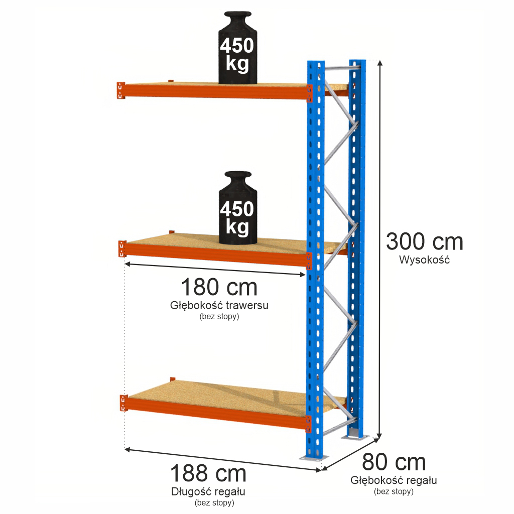Regał magazynowy półkowy Mega-M XR moduł dostawny 500 kg, regał do magazynu, regał półkowy 300x188x80 cm