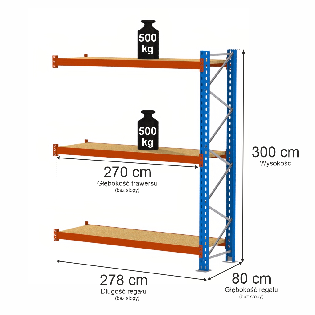 Regał magazynowy półkowy Mega-M XR moduł dostawny 500 kg, regał do magazynu, regał półkowy 300x278x80 cm