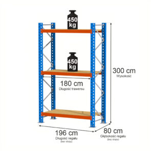 Zdjęcie produktu: Regał magazynowy 3-półkowyMega-M XR H-300 cm L-196 cm G-80 cm 450 kg moduł bazowy