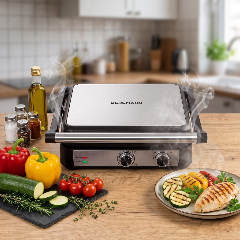 Grill elektryczny ryflowany kontaktowy BERGMANN AI001 2000W dwa pokrętła