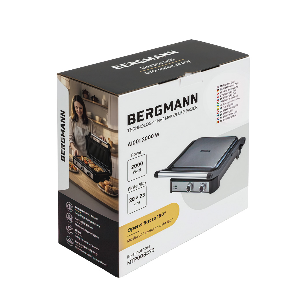 Grill elektryczny ryflowany kontaktowy BERGMANN AI001 2000W dwa pokrętła