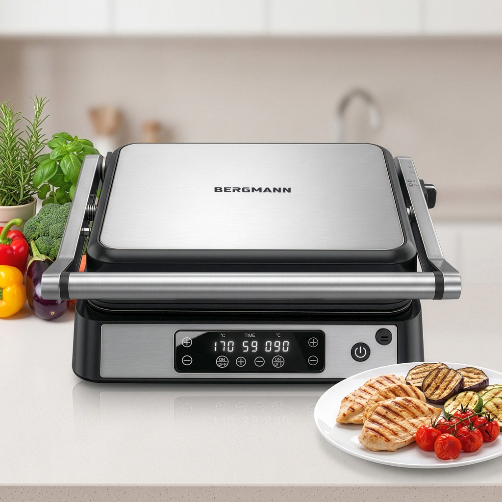 Grill elektryczny kontaktowy ryflowany BERGMANN AI002 2000W wyświetlacz LED