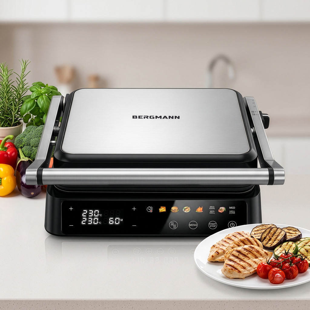 Grill elektryczny ryflowany kontaktowy do domu BERGMANN AI003 2000W wyświetlacz LED 8 programów automatycznych