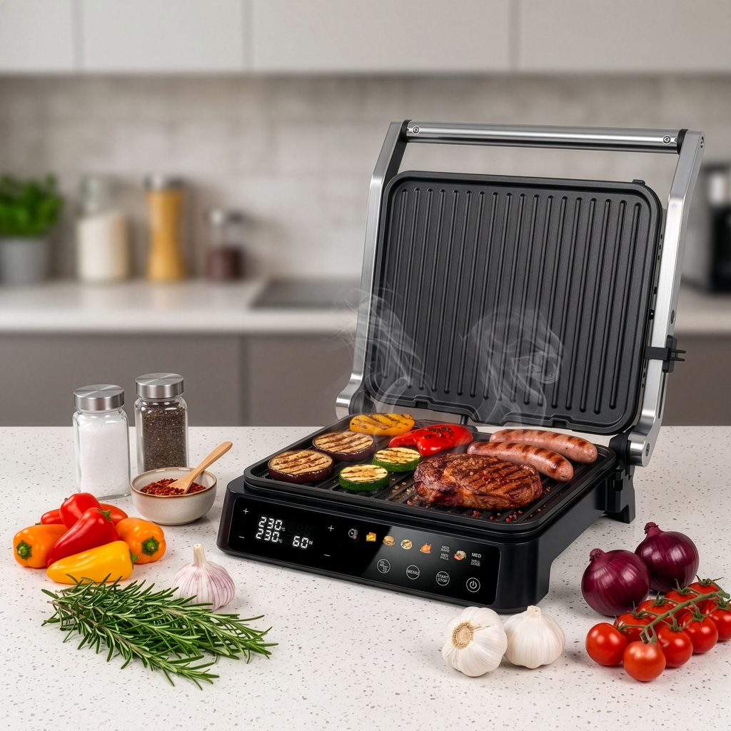 Grill elektryczny ryflowany kontaktowy do domu BERGMANN AI003 2000W wyświetlacz LED 8 programów automatycznych