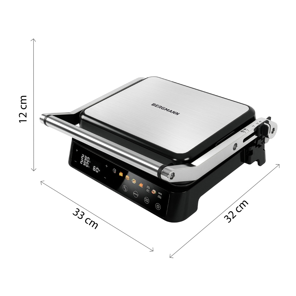 Grill elektryczny ryflowany kontaktowy do domu BERGMANN AI003 2000W wyświetlacz LED 8 programów automatycznych