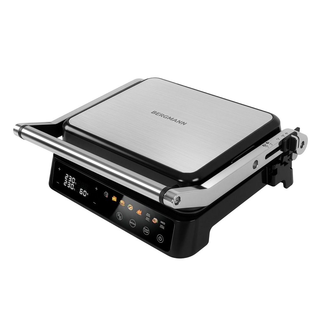 Grill elektryczny ryflowany kontaktowy do domu BERGMANN AI003 2000W wyświetlacz LED 8 programów automatycznych
