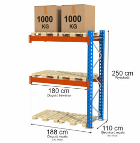 Zdjęcie produktu: Regał magazynowy paletowy Mega-M XR 0+2 H-250cm L-188 cm moduł dostawny 2000 kg nośność na parę trawersów
