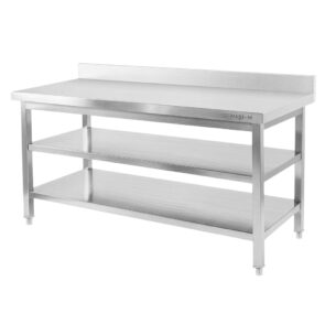 Zdjęcie produktu: Stół gastronomiczny ze stali nierdzewnej przyścienny z 2 półkami Mega-M X STANDARD 200x70x85 cm kwadratowe nogi