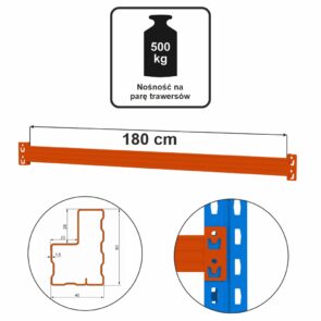 Zdjęcie produktu: Trawers schodkowy Mega-M XR L-180 cm 6x4cm nośność na parę trawersów 500 kg pomarańczowy