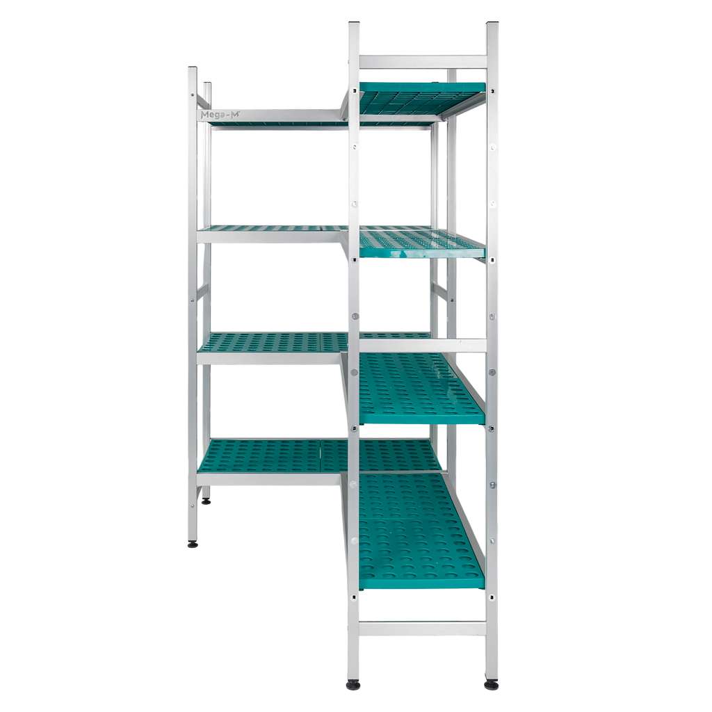Regał aluminiowy Mega-M ALUFRI 4 półki z tworzywa sztucznego PP G-39 cm H-180 cm narożny
