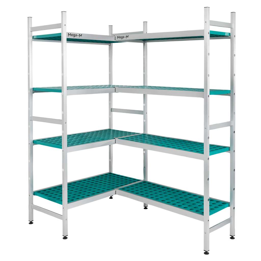 Regał aluminiowy Mega-M ALUFRI 4 półki z tworzywa sztucznego PP G-39 cm H-180 cm narożny