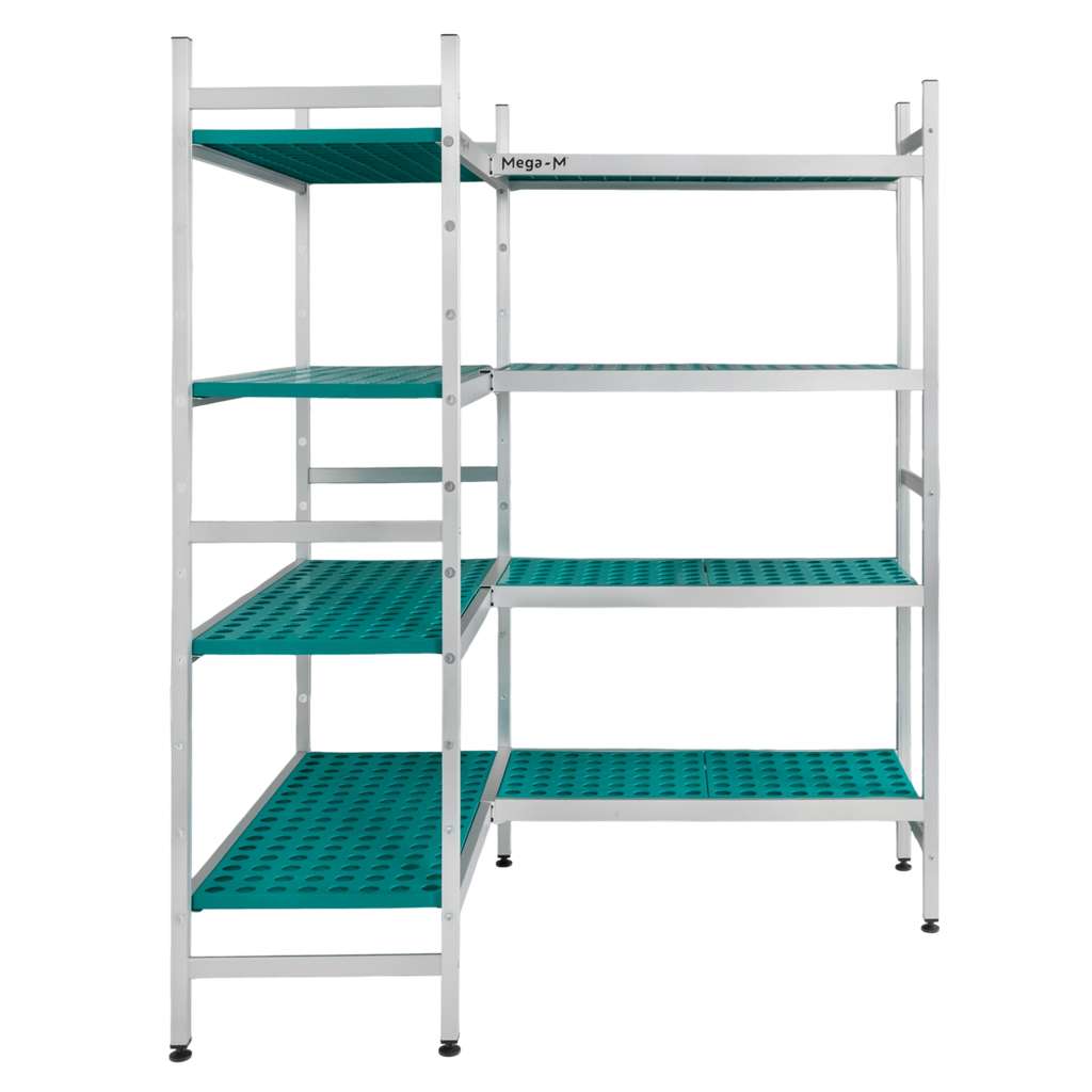 Regał aluminiowy Mega-M ALUFRI 4 półki z tworzywa sztucznego PP G-39 cm H-180 cm narożny MPP001906 i MPP001909