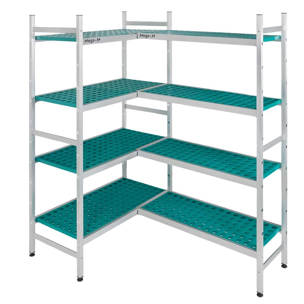 Regał aluminiowy Mega-M ALUFRI 4 półki z tworzywa sztucznego PP G-39 cm H-180 cm narożny MPP001906 i MPP001909