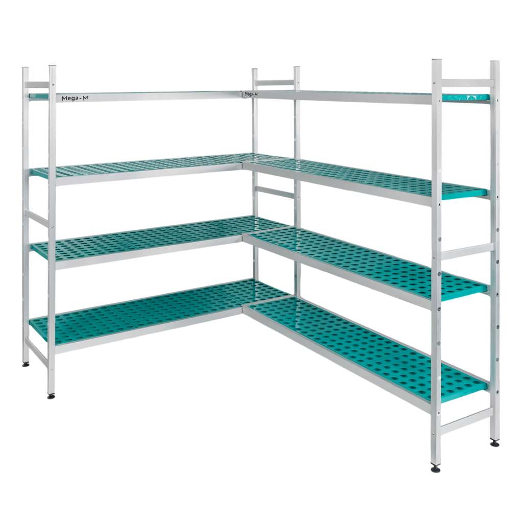 Regał aluminiowy Mega-M ALUFRI 4 półki z tworzywa sztucznego PP G-39 cm H-180 cm narożny mpp001907 i mpp001910