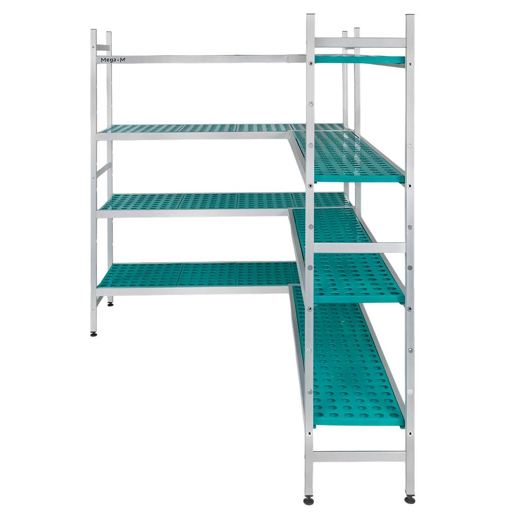 Regał aluminiowy Mega-M ALUFRI 4 półki z tworzywa sztucznego PP G-39 cm H-180 cm narożny mpp001907 i mpp001910