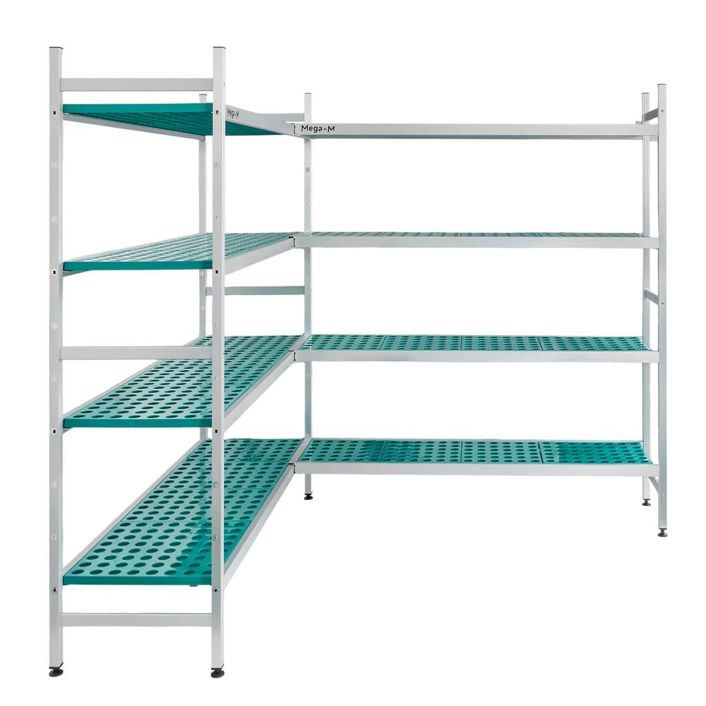 Regał aluminiowy Mega-M ALUFRI 4 półki z tworzywa sztucznego PP G-39 cm H-180 cm narożny mpp001907 i mpp001910