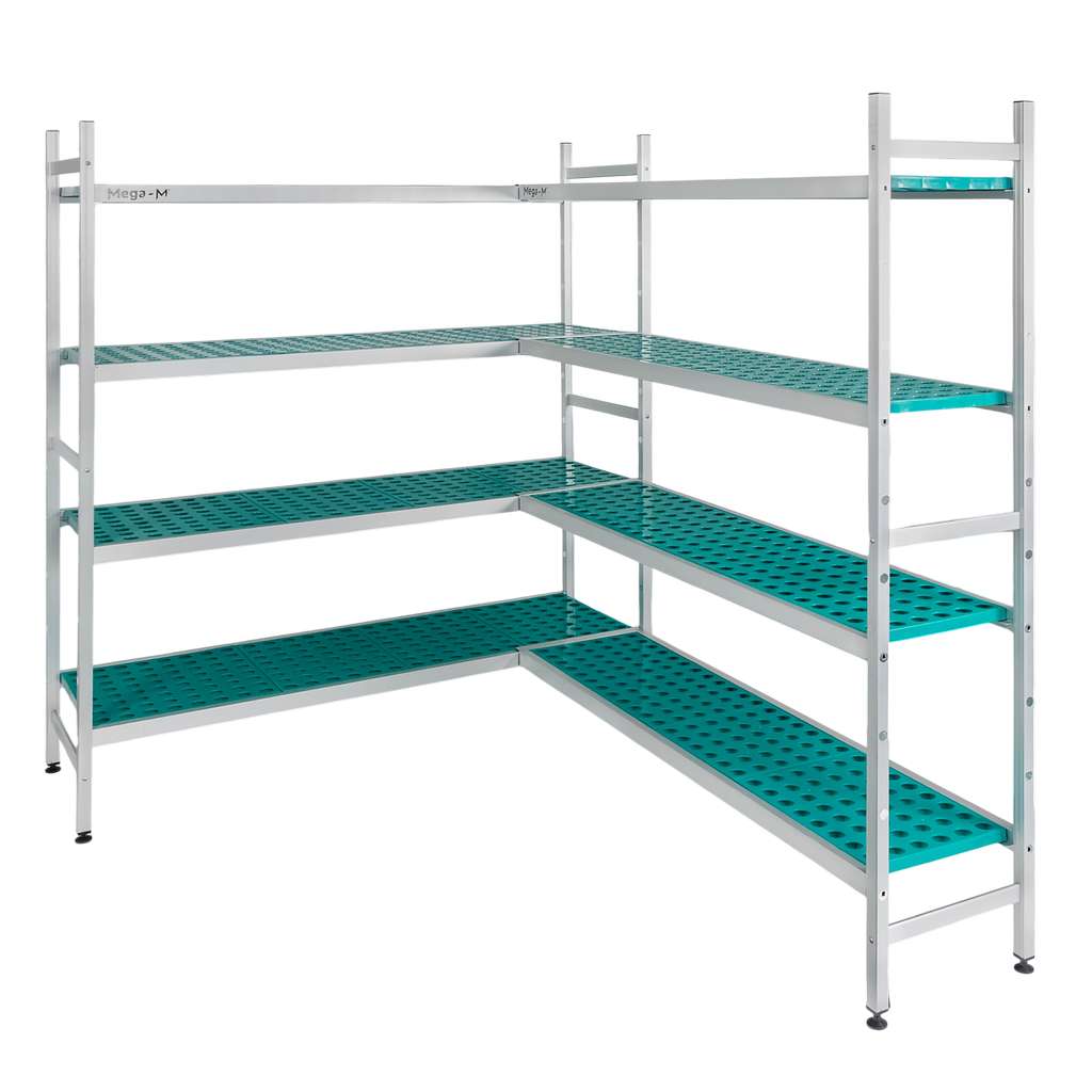 Regał aluminiowy Mega-M ALUFRI 4 półki z tworzywa sztucznego PP G-39 cm H-180 cm narożny mpp001907 i mpp001910