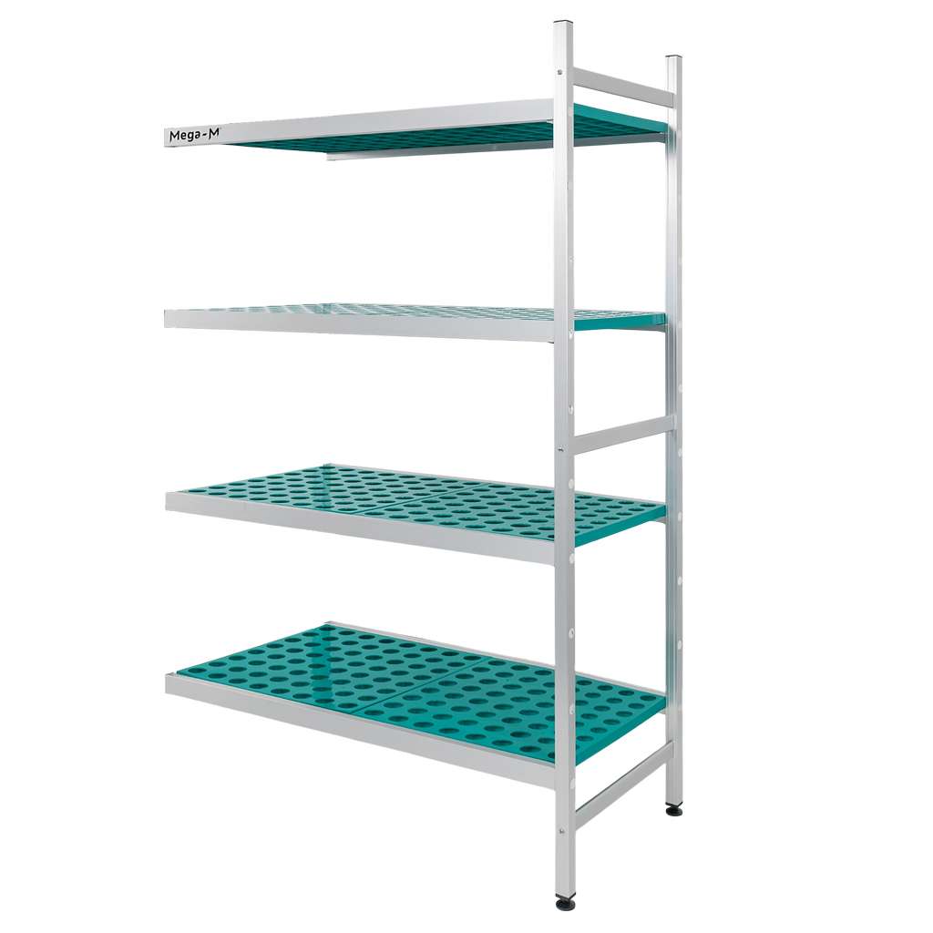 Regał aluminiowy Mega-M ALUFRI 4 półki z tworzywa sztucznego PP L-117 cm H-180 cm moduł dostawny