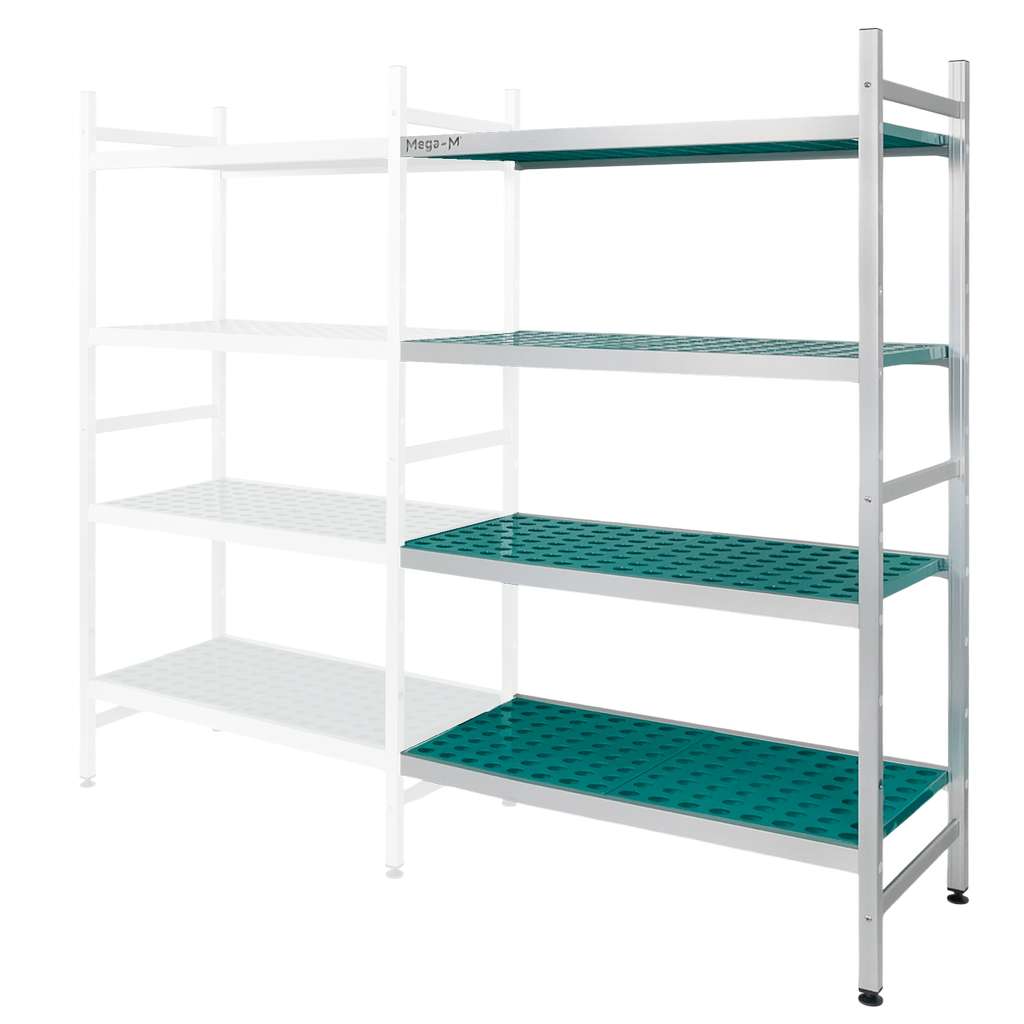 Regał aluminiowy Mega-M ALUFRI 4 półki z tworzywa sztucznego PP L-117 cm H-180 cm moduł dostawny