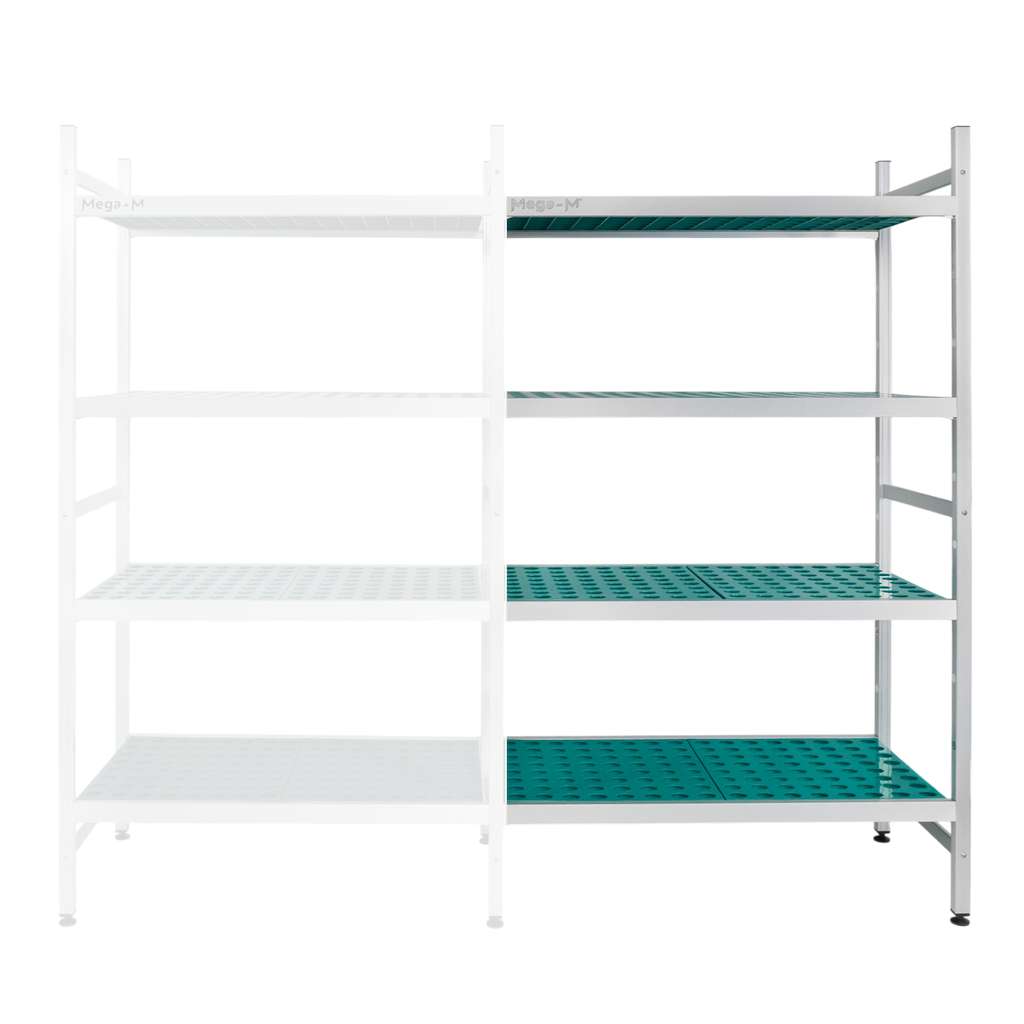 Regał aluminiowy Mega-M ALUFRI 4 półki z tworzywa sztucznego PP L-117 cm H-180 cm moduł dostawny