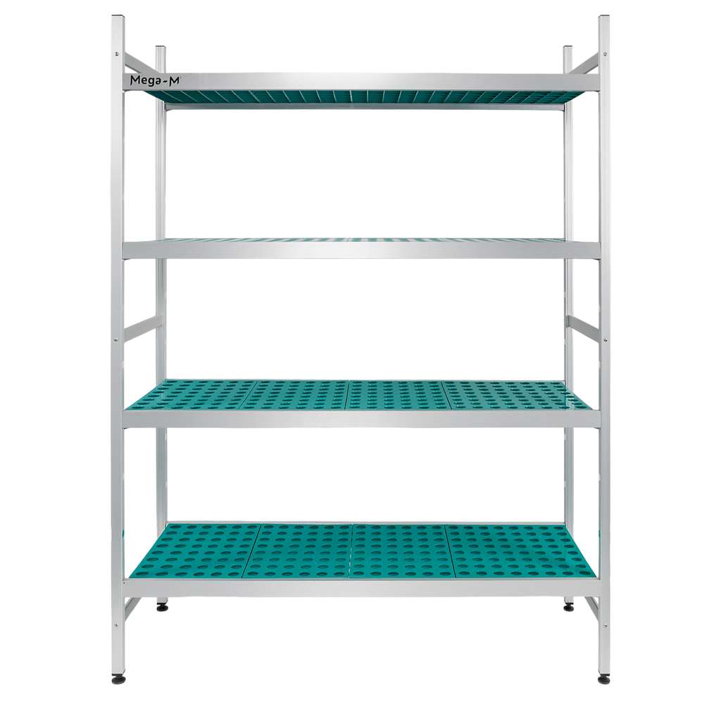 Regał aluminiowy Mega-M ALUFRI 4 półki z tworzywa sztucznego PP L-120 cm H-180 cm moduł bazowy