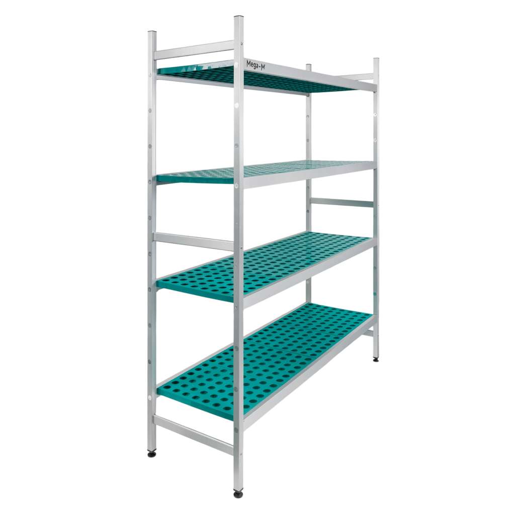 Regał aluminiowy gastronomiczny do chłodni Mega-M ALUFRI 4 półki z tworzywa sztucznego PP L-120 cm H-180 cm moduł bazowy