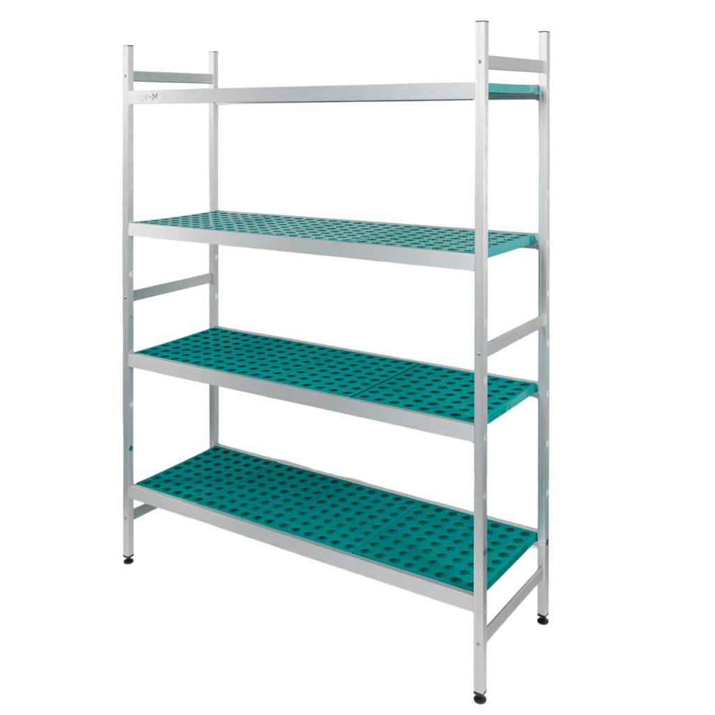 Regał aluminiowy Mega-M ALUFRI 4 półki z tworzywa sztucznego PP L-120 cm H-180 cm moduł bazowy