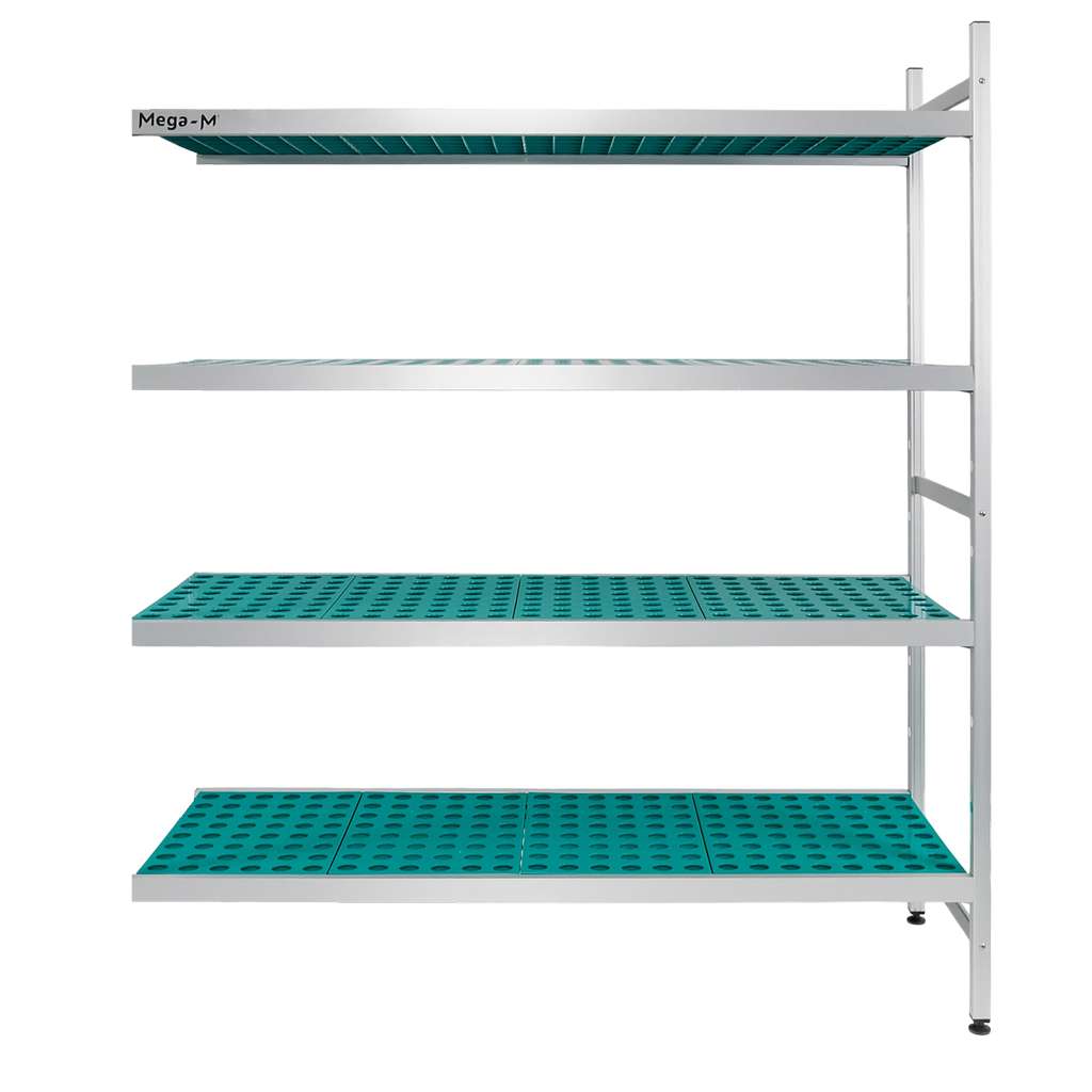 Regał aluminiowy do chłdoni Mega-M ALUFRI 4 półki z tworzywa sztucznego PP L-151 cm H-180 cm moduł dostawny