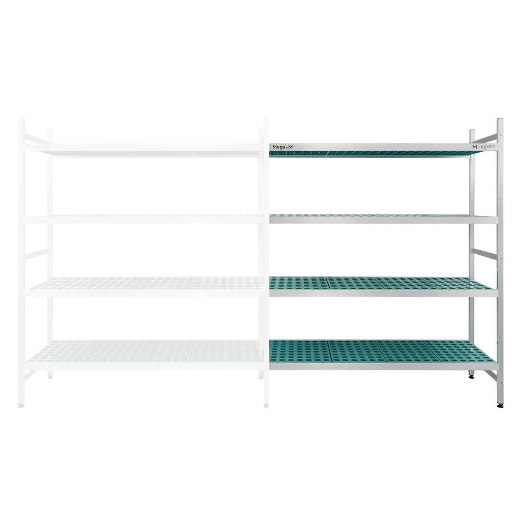 Regał aluminiowy do chłdoni Mega-M ALUFRI 4 półki z tworzywa sztucznego PP L-151 cm H-180 cm moduł dostawny