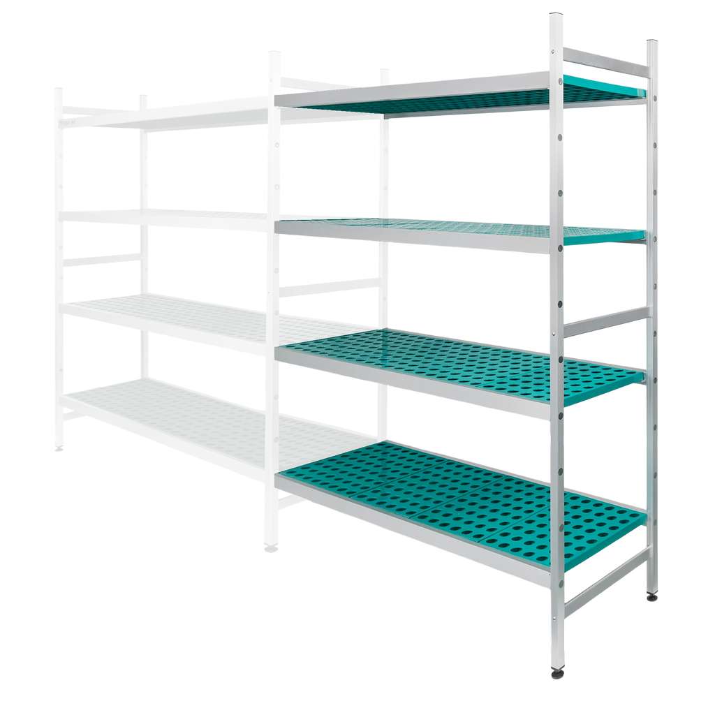 Regał aluminiowy do chłdoni Mega-M ALUFRI 4 półki z tworzywa sztucznego PP L-151 cm H-180 cm moduł dostawny