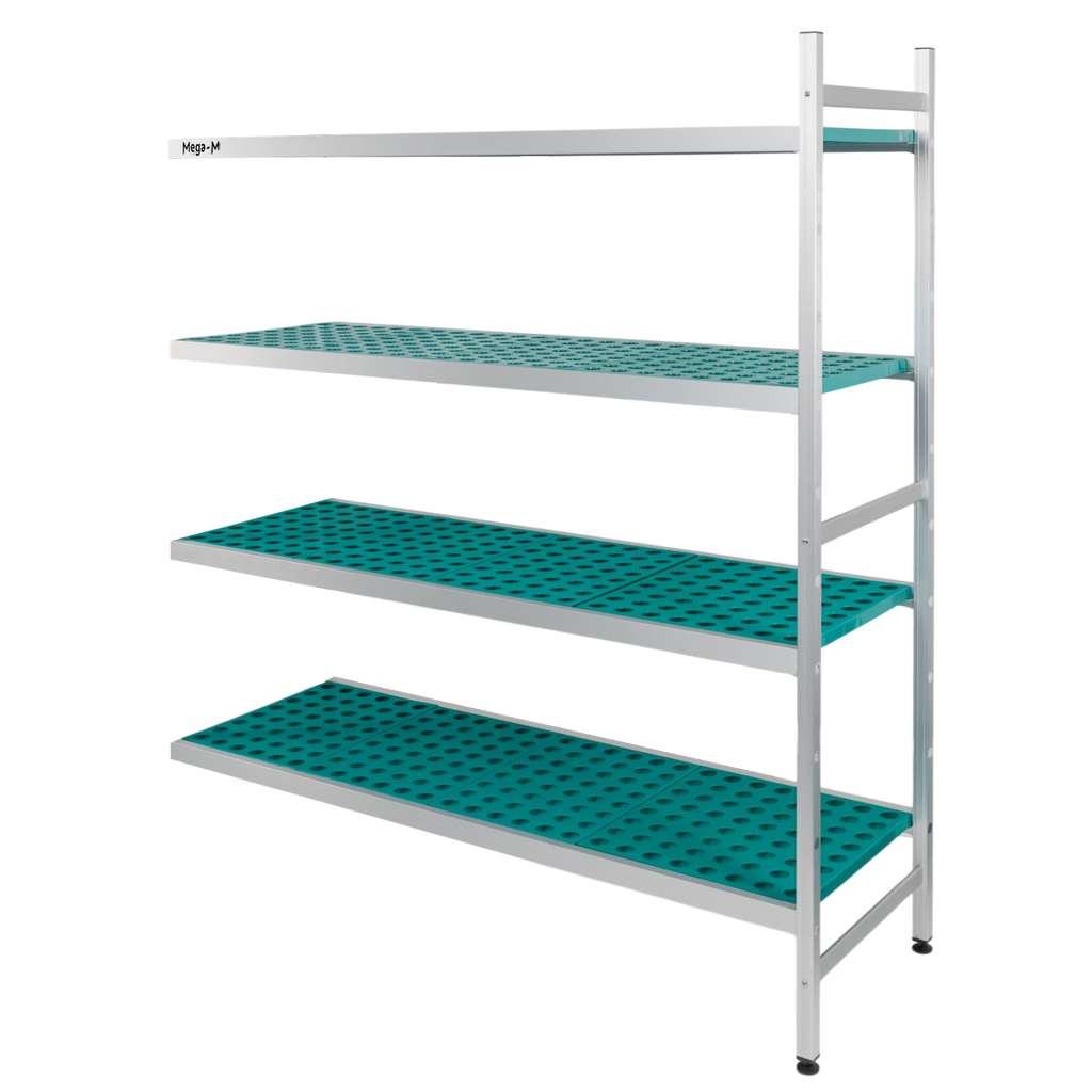 Regał aluminiowy do chłdoni Mega-M ALUFRI 4 półki z tworzywa sztucznego PP L-151 cm H-180 cm moduł dostawny