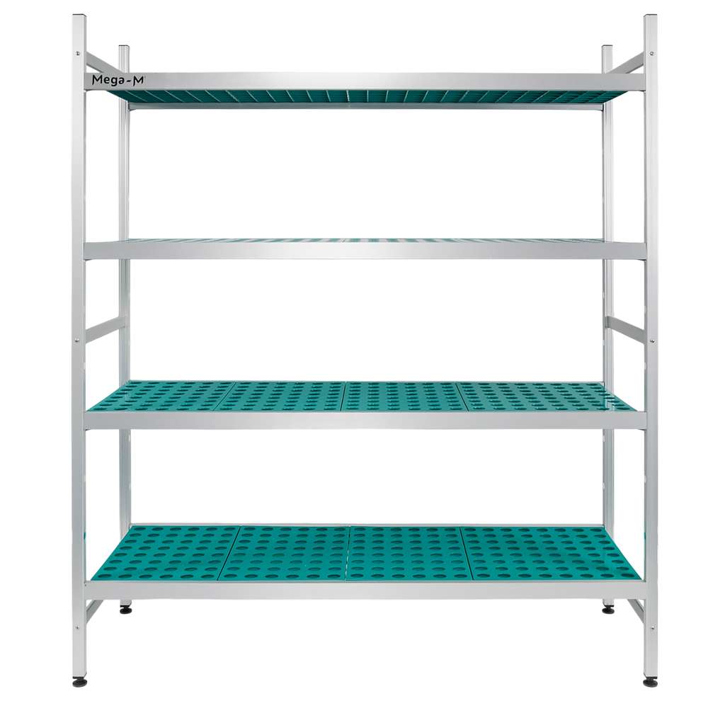 Regał aluminiowy Mega-M ALUFRI 4 półki z tworzywa sztucznego PP L-154 cm H-180 cm moduł bazowy