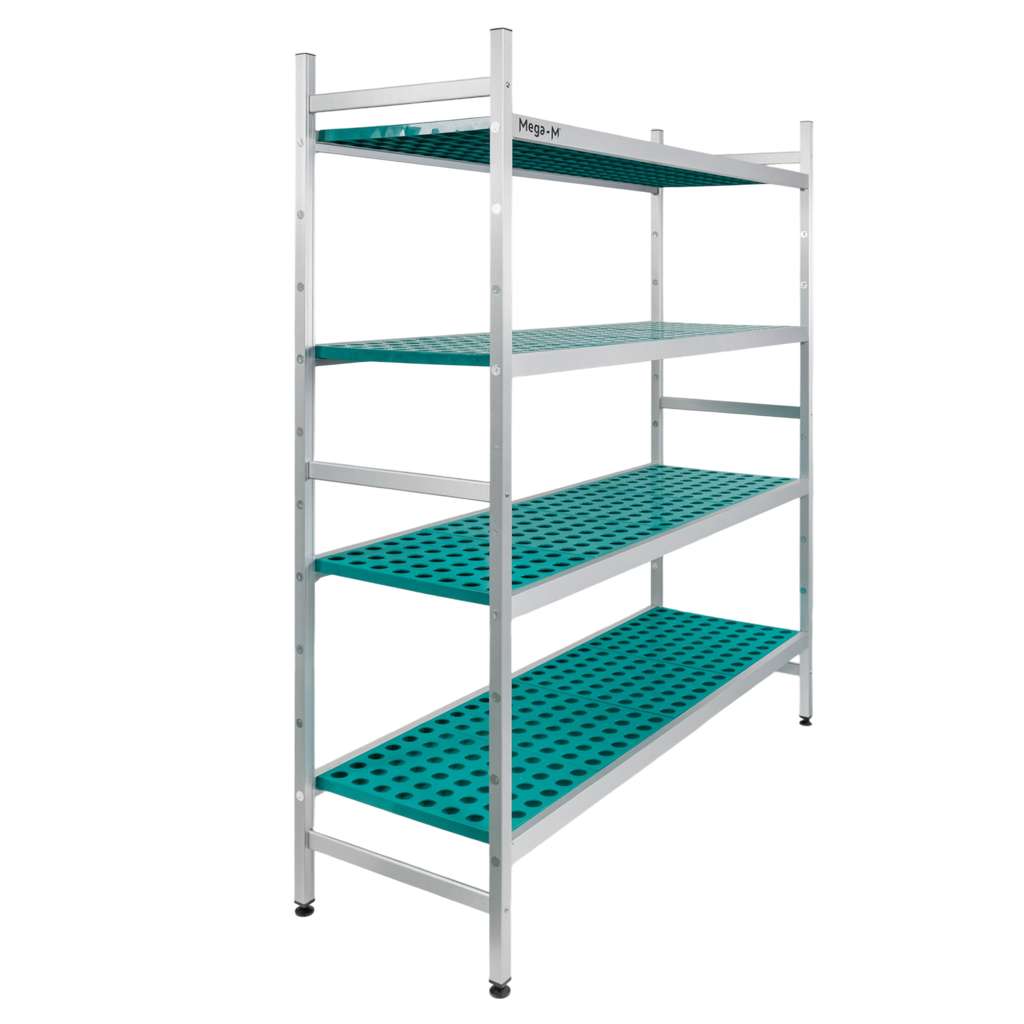 Regał aluminiowo polipropylenowy Mega-M ALUFRI 4 półki z tworzywa sztucznego PP L-154 cm H-180 cm moduł bazowy