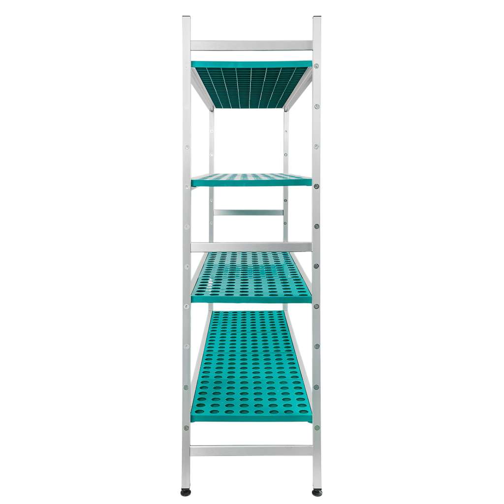 Regał aluminiowy z półkami z polipropylenu Mega-M ALUFRI 4 półki z tworzywa sztucznego PP L-154 cm H-180 cm moduł bazowy