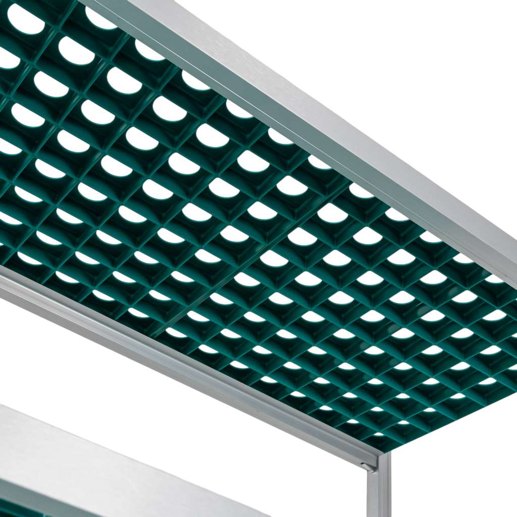 Regał aluminiowy Mega-M ALUFRI 4 półki z tworzywa sztucznego PP L-154 cm H-180 cm moduł bazowy