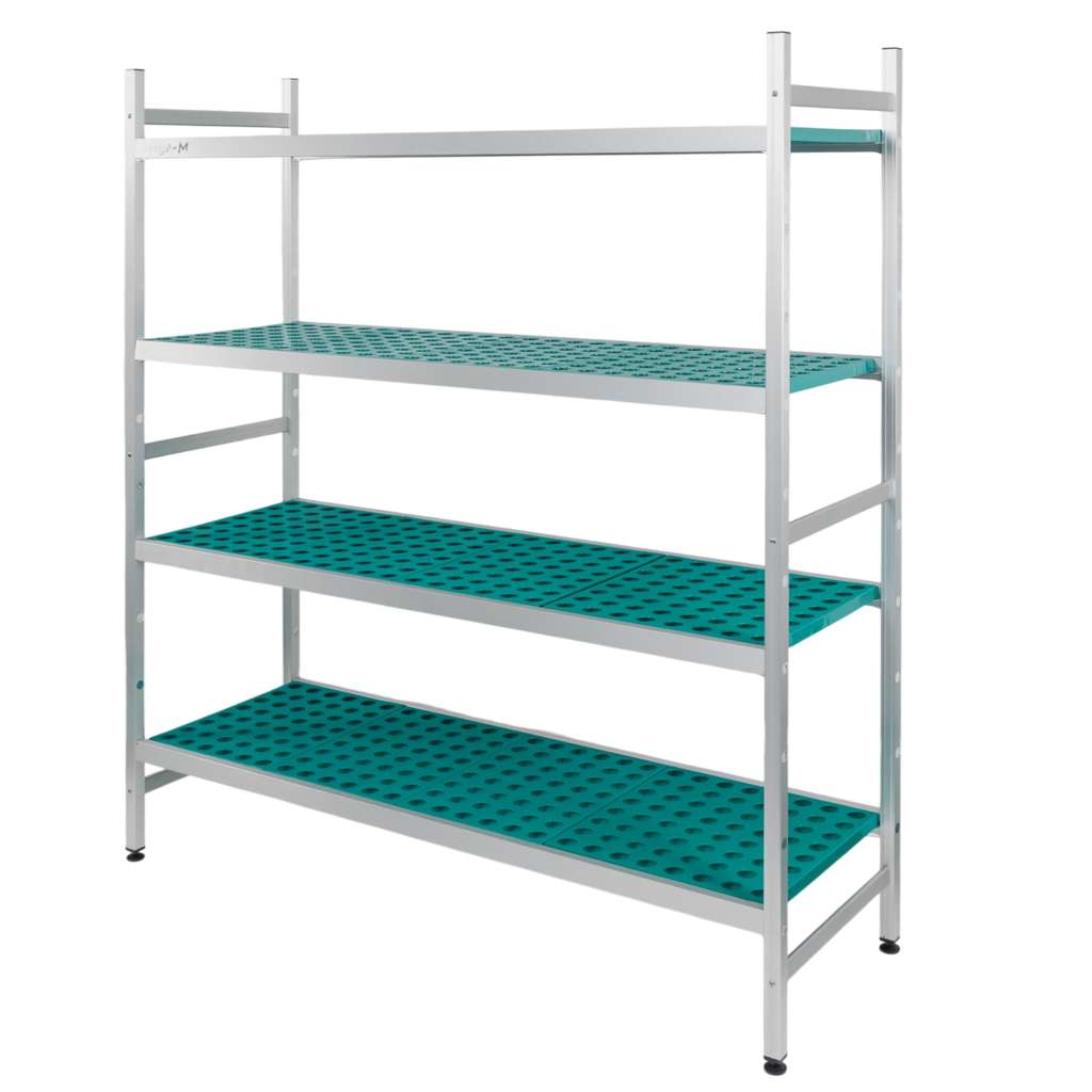 Regał aluminiowy Mega-M ALUFRI 4 półki z tworzywa sztucznego PP L-154 cm H-180 cm moduł bazowy