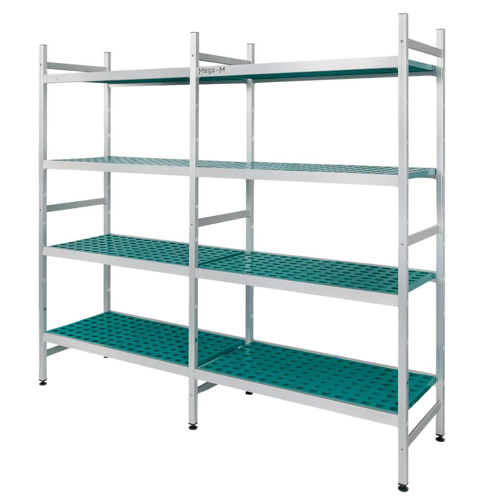 Regał aluminiowy Mega-M ALUFRI 4 półki z tworzywa sztucznego PP L-191 cm H-180 cm zestaw
